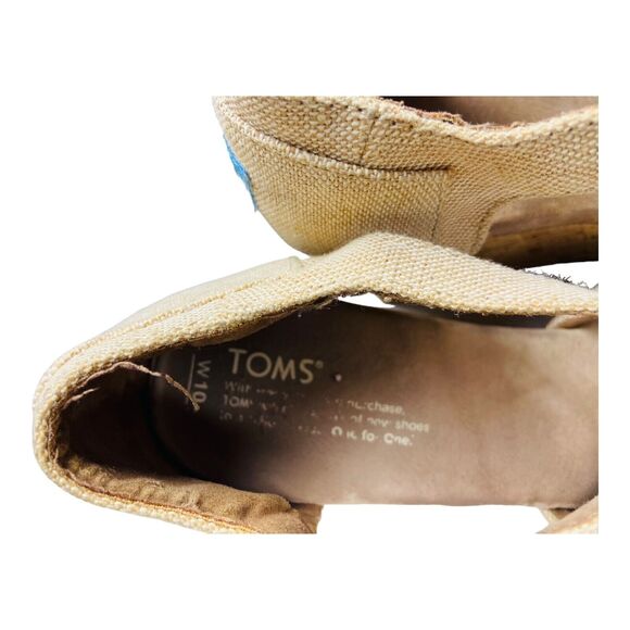 Toms Women's Tan High Heel Canvas Open Toe Cork Wedge Sandals W10 - Picture 7 of 10